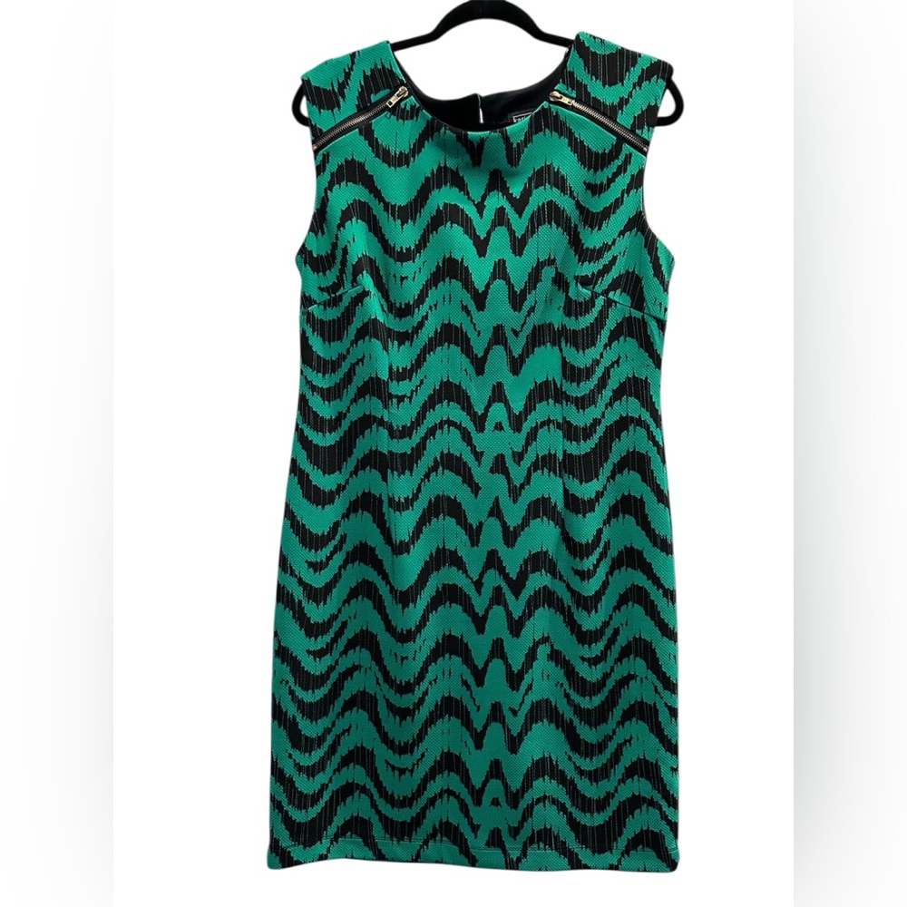 Karin Stevens Green & Black Zigzag Print Sleeveless Sheath Mini Dress Size 12 - Picture 2 of 7